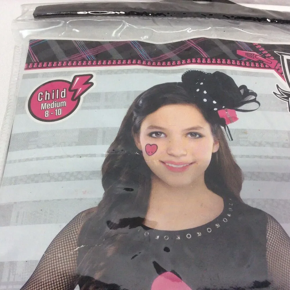 Monster High Ghoul Fishnet Black T-Shirt Costume Skullette W/Pink Bow Sz M(8-10)